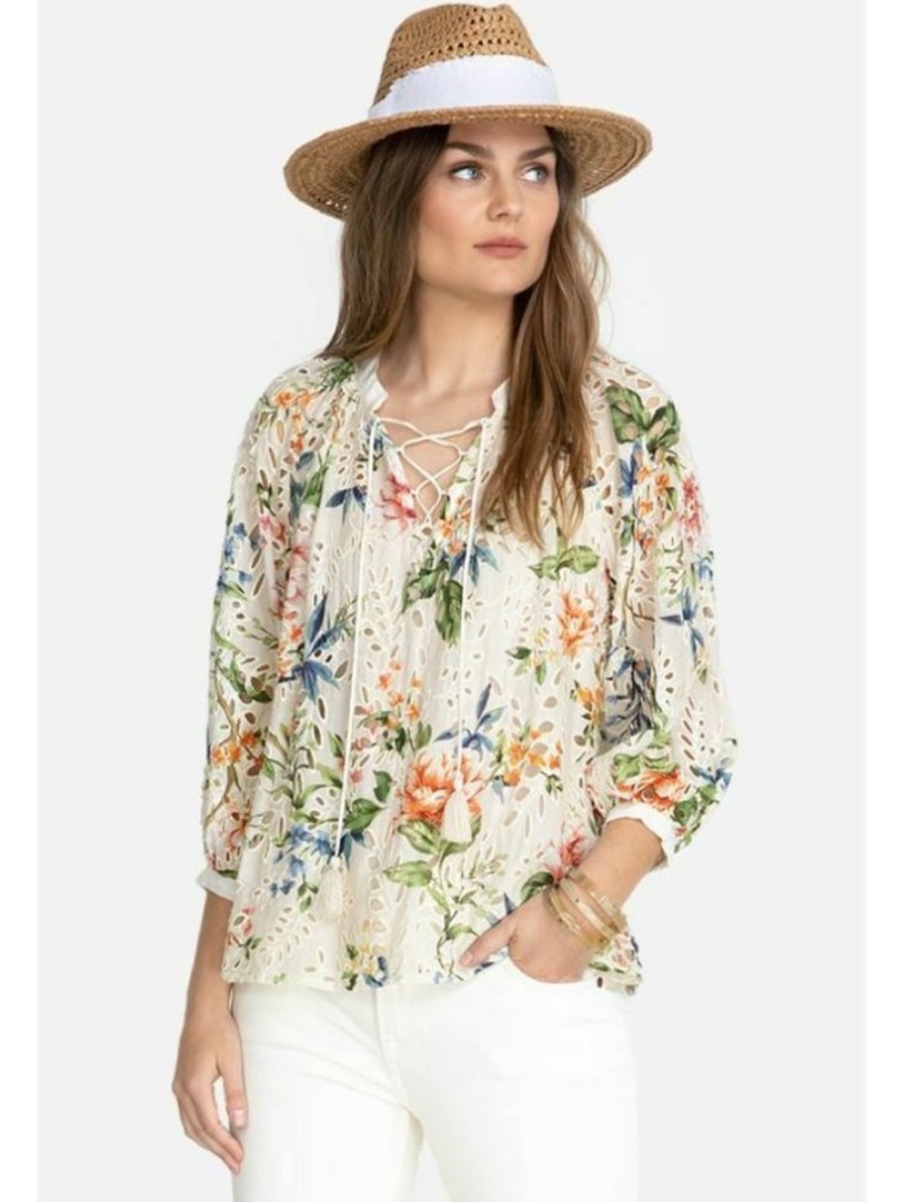 Johnny Was Jade floral sonnet eyelet peasant top
